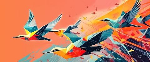 Geometric colorful birds fly past building
